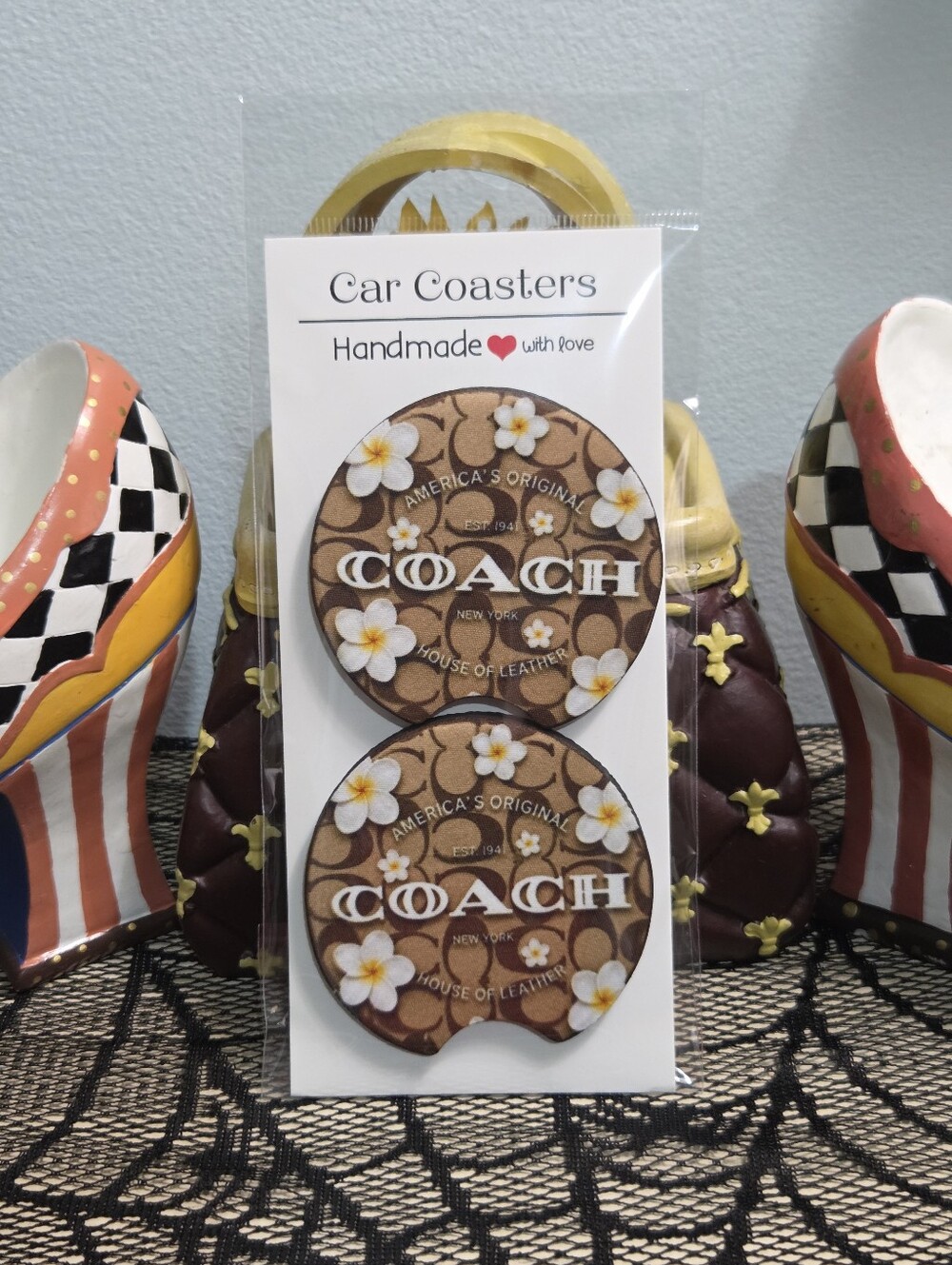 Handmade Designer Inspired Floral Car Coasters Set (2-Pack) NEW